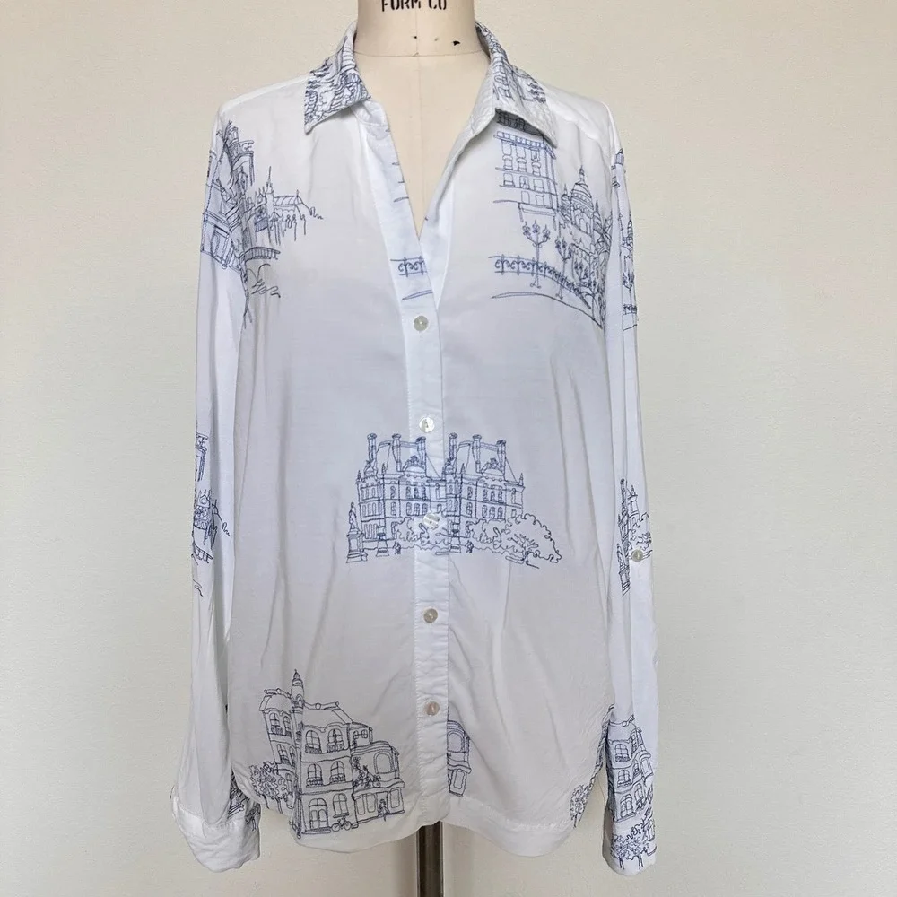 Anthropology Jane + Delancey Paris City Print Button Down Shirt White Blue Sz XL